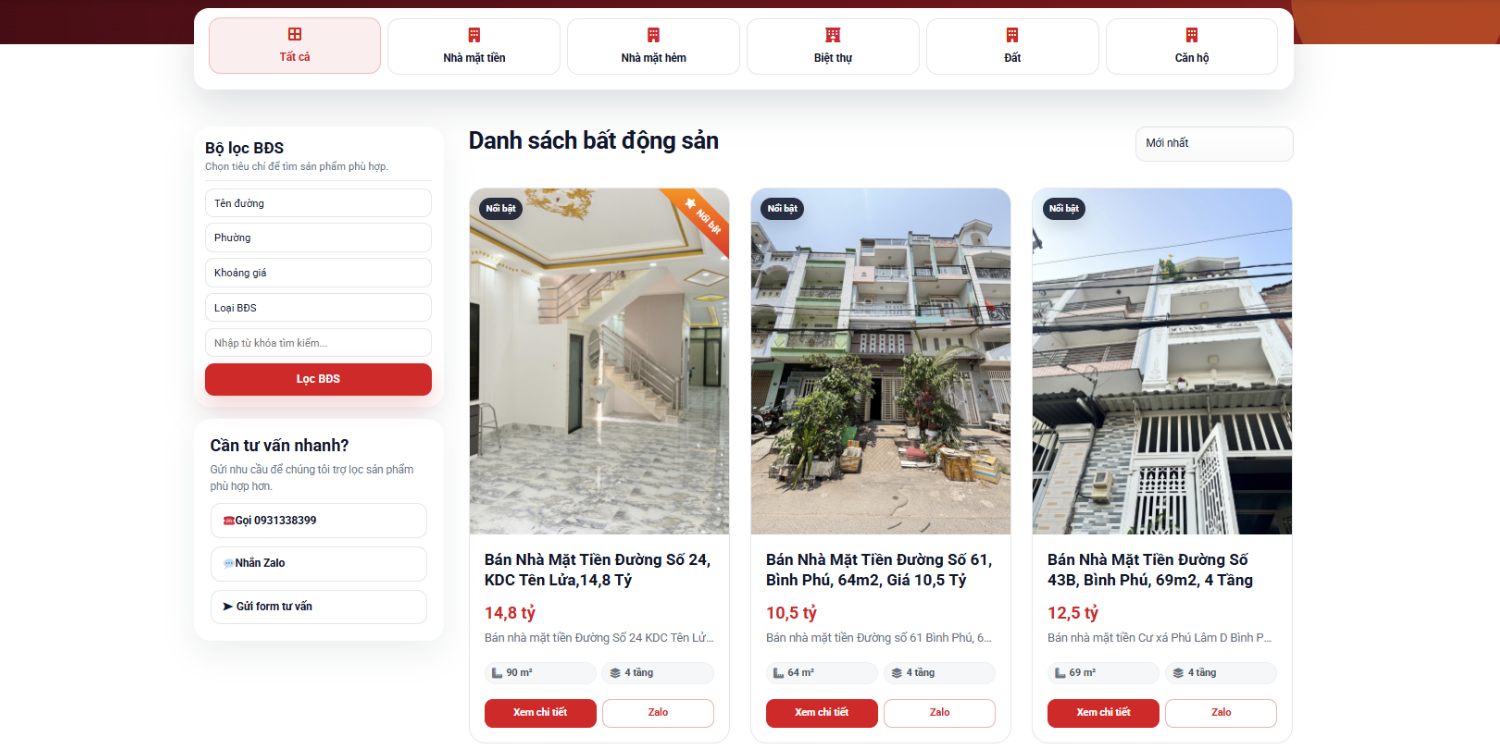 Trang danh sách bất động sản